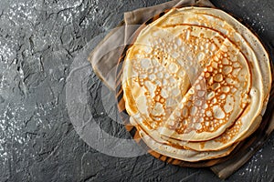 Thin pancakes or russian blini on gray background. Generative AI