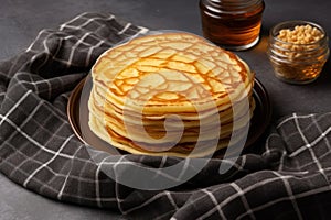 Thin pancakes or russian blini on gray background. Generative AI