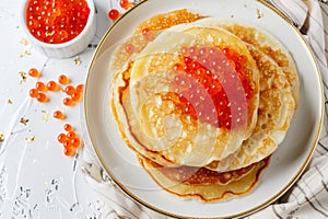 Thin pancakes or russian blini on white background. Generative AI