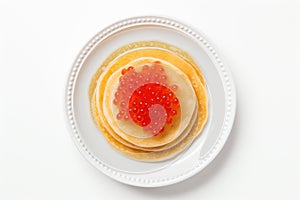 Thin pancakes or russian blini on white background. Generative AI