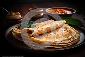 Thin pancakes with sour cream on a wooden background. Selective focus.