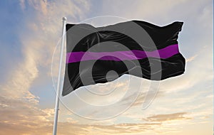 Thin Purple Line flag waving at cloudy sky background on sunset, panoramic view. Politicians Killed, Wounded in Office flag. copy