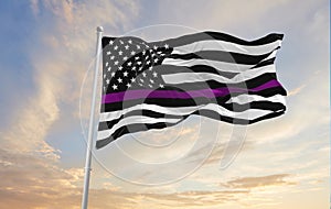 Thin Purple Line USA flag waving at cloudy sky background on sunset, panoramic view. Politicians Killed, Wounded in Office flag.