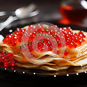 Thin Russian pancakes crepes with red caviar, traditional food, blini close up