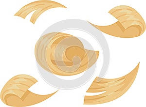 Thin shavings of light brown wood curl and twist, forming eye catching spirals and dynamic shapes against a clean white backdrop photo