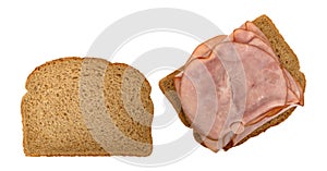 Thin sliced ham sandwich on a white background