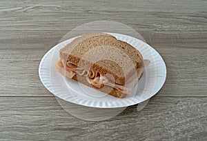 Thin sliced smoked turkey sandwich on a table
