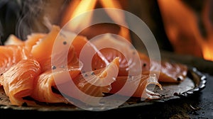 Thin slices of smoked salmon glistening under the warm glow of the fire adding a touch of elegance to any seafood dish
