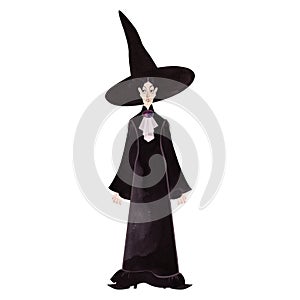 A thin, stern, middle-aged witch in an elegant black satin dress with a white shirtfront, a decorated brooch, and a pointed hat.