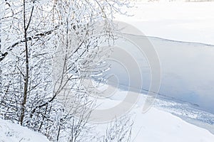Thin trees with branches in fluffy white snow on the bank against the background of blue river in winter