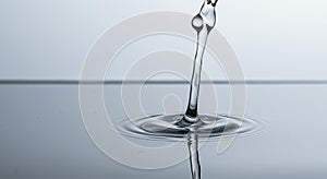 Thin water stream flowing on mirror-like surface with soft reflections