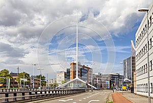 Thin white steeple on one of the crossroads of Eindhoven