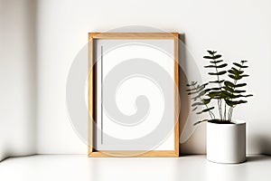 Thin wooden picture frame mockup stands on floor next to pot of green plant