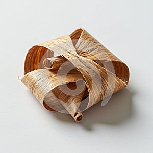 Thin wooden shavings curl into a delicate, abstract form on a plain white background.