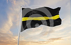 Thin Yellow Line flag waving. panoramic view. copy space for wide banner. Security Officers, Private Security, Private
