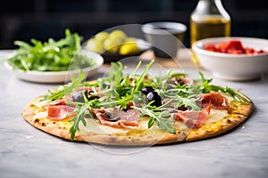 thincrust pizza with olives and arugula on a stone backdrop