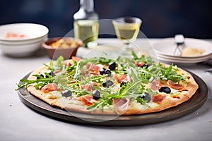 thincrust pizza with olives and arugula on a stone backdrop