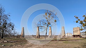 Thing three in front of four chimneys of the old abandoned lime kiln fac