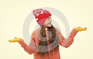 thing you need in winter. ski resort. get ready for winter holiday. homemade knit. little girl in winter look smiling