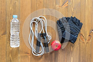 Things and food on the floor for sports hall