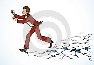 When things get hard, don`t stop! A man runs on breaking ice. Vector drawing