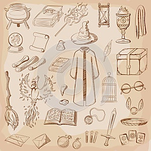 Things magician: wizard, hat, magic book, scroll, potion, broom, crystal ball, mantle, sword, cup, ring