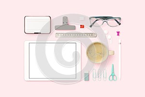 Things on my desk flat lay, dital tablet mockup with stationery photo