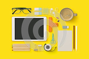 Things on my desk, stationary flat lay with digital tablet mockup on yellow background