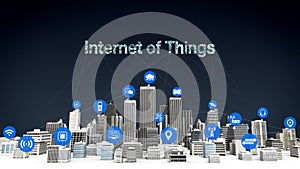 Things sensor icon on Smart city, connecting grid typo `INTERNET OF THINGS` concept.