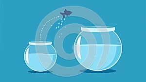 Think big and ambitious. The fish jumped from the small fish bowl to the big fish bowl vector