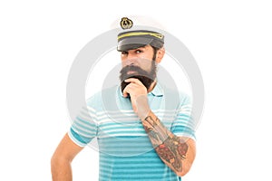 Think blue and go green. Serious seaman with beard isolated on white. Serious look of bearded man. Solving problem