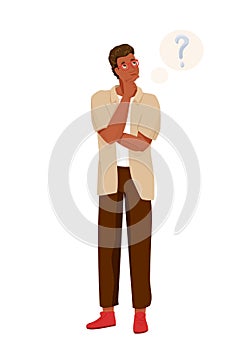 Think concept vector background. African american thoughtful man looking up thinking about solve problem. In full