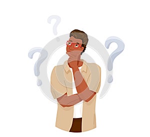 Think concept vector background. African american thoughtful man looking up thinking about solve problem. Question sign