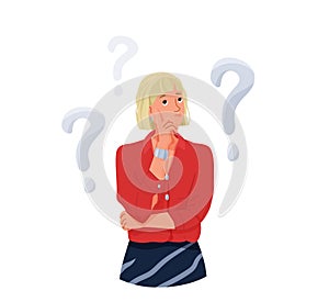 Think concept vector background. Thoughtful blond woman looking up thinking about solve problem. Question sign marks
