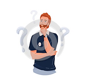 Think concept vector background. Thoughtful red man with beard looking up thinking about solve problem. Question sign