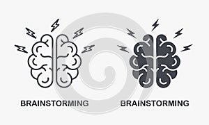 Think about Creative Idea Symbol Collection. Brainstorm Silhouette and Line Icon Set. Human Brain with Lightning