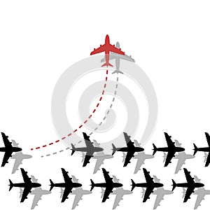 Think different business concept illustration, Red airplane changing direction and white ones.
