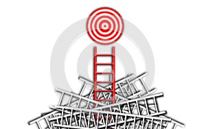 Think different and stand out from the crowd. ladder target concept. red ladder stand out from the rest in order to reach his goal