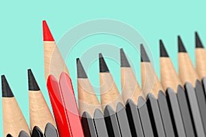 Think Differently Business Concept. Red Pencil Standing Out of Black Pencil Row. 3d Rendering