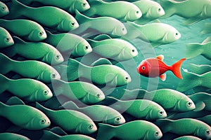 Think differently conceptual illustration. Red fish swimming in opposite way.