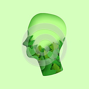 Think green 3d abstrat paper art illustration with man head and paper cut green leaves. Ecology and nature concept