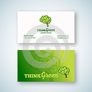 Think Green Abstract Vector Sign or Logo and Business Card Template. Brain Shape Tree Concept with Typography. Premium