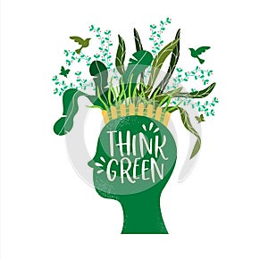 Think green concept of human head plant garden