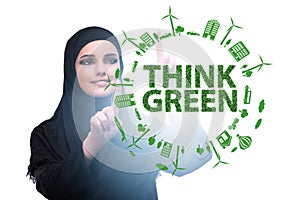 Think green ecological concept with businesswoman