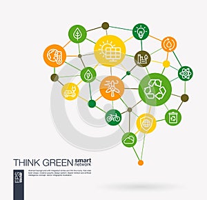 Think green, environmental, ecology, recycle and eco energy integrated business vector icons. Digital mesh smart brain