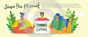 Think green. People taking care of planet collage. Zero waste, think green, save the planet, our home hand written text