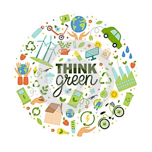 Think Green slogan with eco elements in circle shape