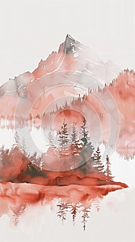 Think of a minimalistic mountain landscape, painted in watercolor shades of peach, designed to evoke calming rhythms and a photo