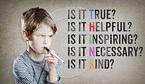 Think motivational netiquette, Boy on grunge background