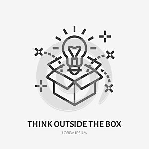 Think outside the box flat line icon. Creative solution vector illustration. Thin sign of innovation, business logo